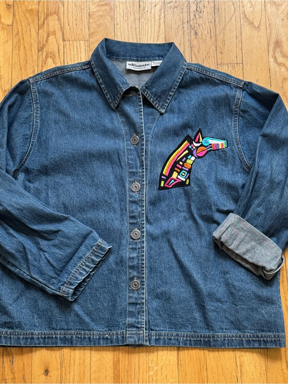 Blue Denim Jacket with Colorful Horse Embroidery by Ultimate